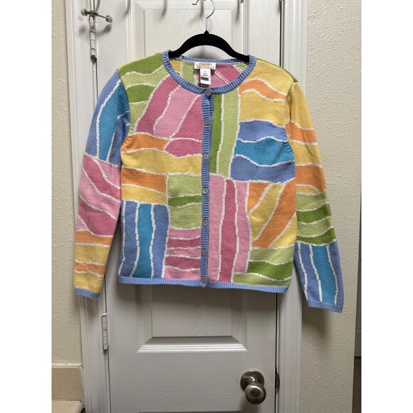 Vintage Talbots Pastel Colorblock Knit Crewneck Cardigan Size Small Petite - Picture 2 of 5